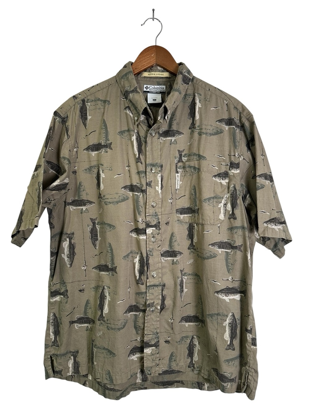 Columbia L River Lodge Beige Olive Fish Print Short Sleeve Button-Down